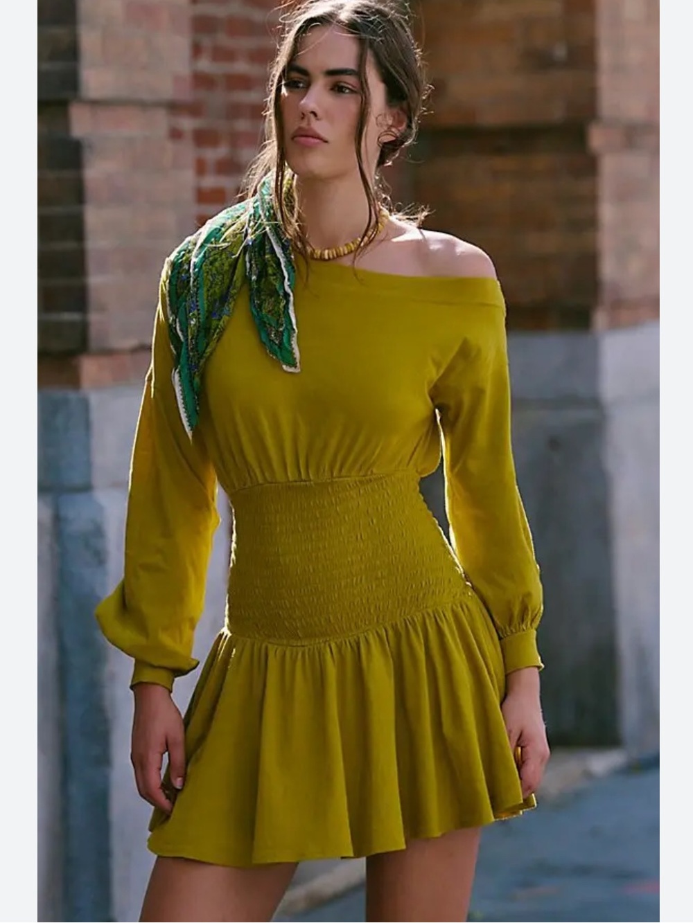 Free People Scorching Hot Mini Dress Chartreuse Off-Shoulder. Size Small.